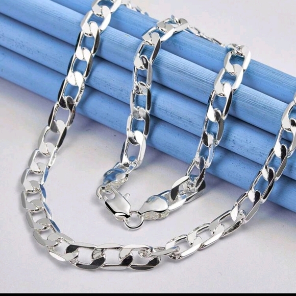 925 Silver 8mm Curb Flat Side Cubin Link Chain Necklace 18" - Picture 2 of 6